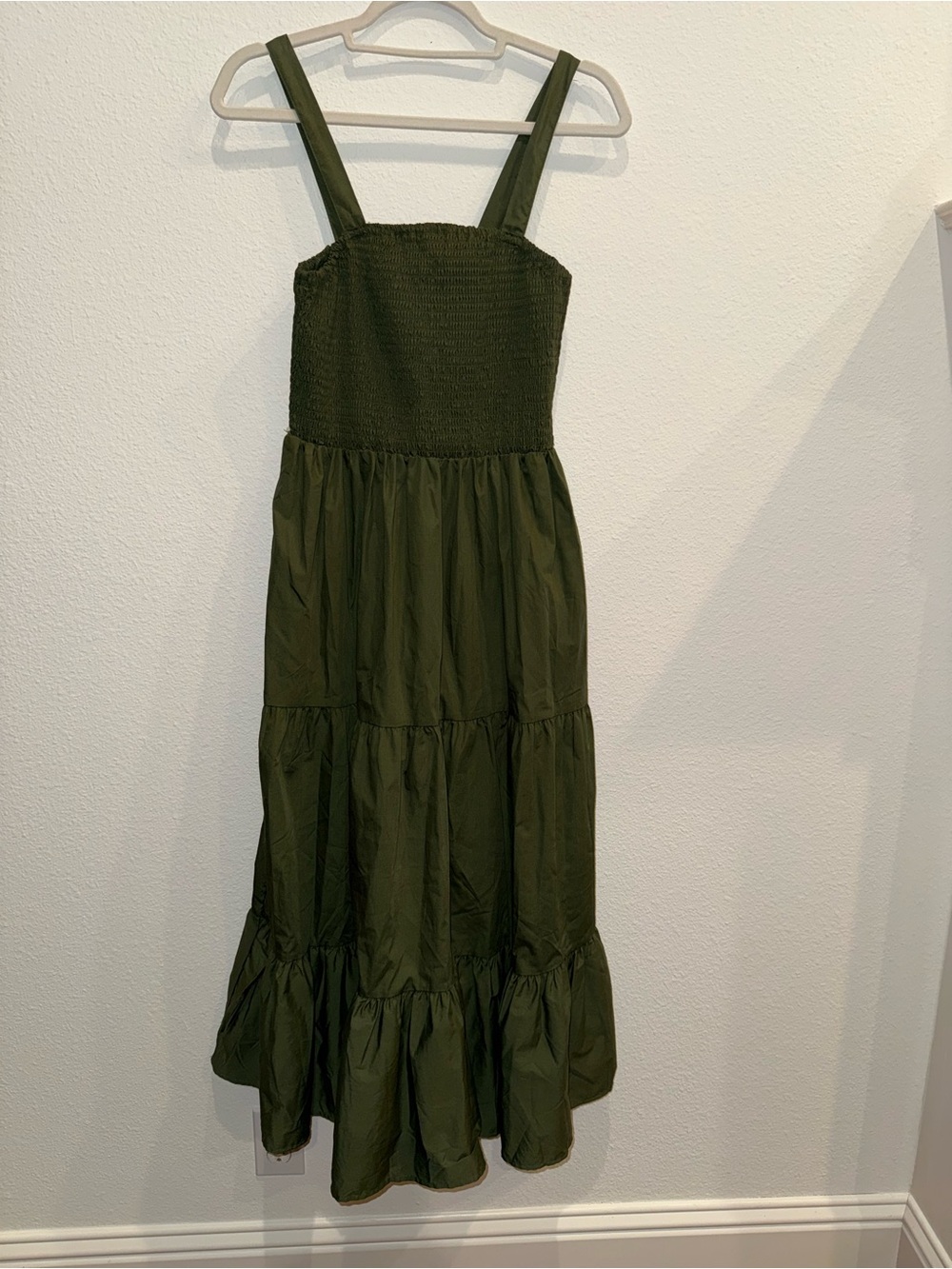 Olive Green Tiered Maxi Dress with Smocked Bodice - Picture 2 of 4